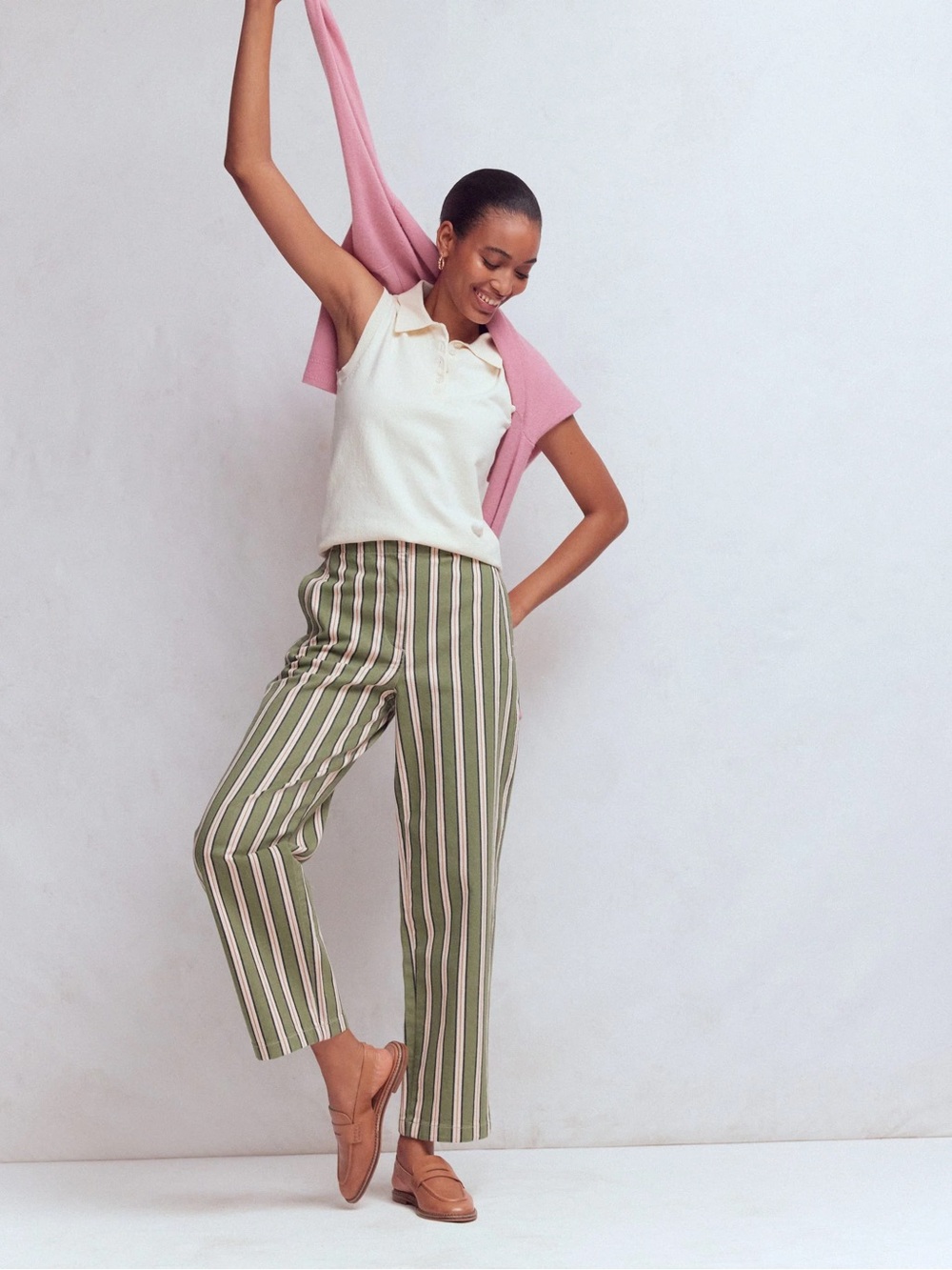 Boden Green White Pink Barrel Chino Striped Pants